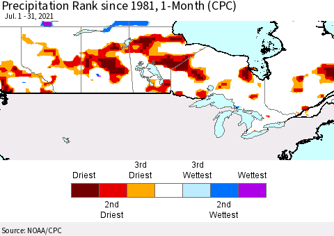 Canada Precipitation Rank since 1981, 1-Month (CPC) Thematic Map For 7/1/2021 - 7/31/2021