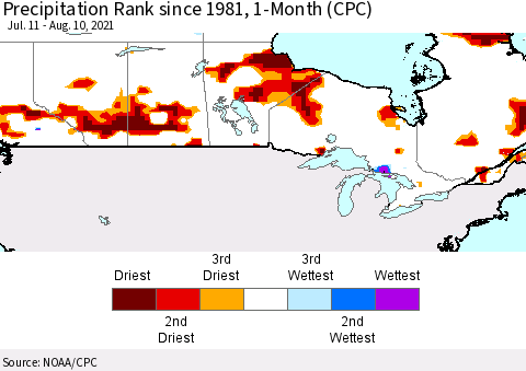 Canada Precipitation Rank since 1981, 1-Month (CPC) Thematic Map For 7/11/2021 - 8/10/2021