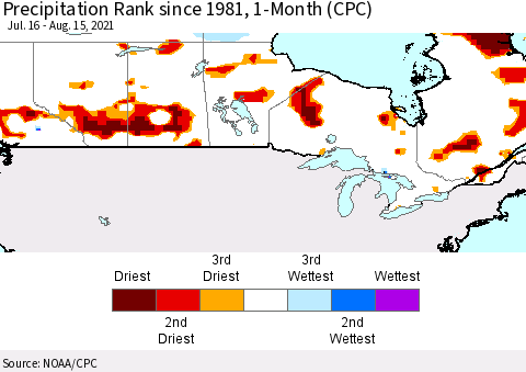 Canada Precipitation Rank since 1981, 1-Month (CPC) Thematic Map For 7/16/2021 - 8/15/2021