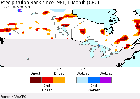 Canada Precipitation Rank since 1981, 1-Month (CPC) Thematic Map For 7/21/2021 - 8/20/2021