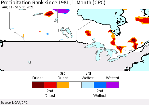 Canada Precipitation Rank since 1981, 1-Month (CPC) Thematic Map For 8/11/2021 - 9/10/2021