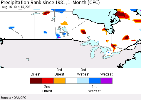Canada Precipitation Rank since 1981, 1-Month (CPC) Thematic Map For 8/16/2021 - 9/15/2021