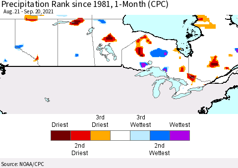 Canada Precipitation Rank since 1981, 1-Month (CPC) Thematic Map For 8/21/2021 - 9/20/2021