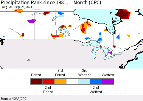 Canada Precipitation Rank since 1981, 1-Month (CPC) Thematic Map For 8/26/2021 - 9/25/2021