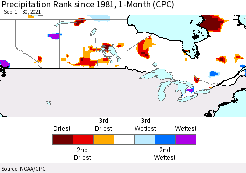 Canada Precipitation Rank since 1981, 1-Month (CPC) Thematic Map For 9/1/2021 - 9/30/2021