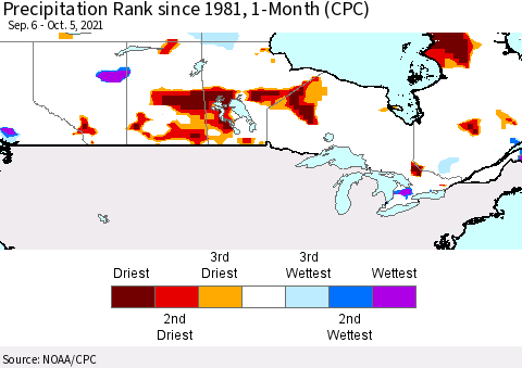Canada Precipitation Rank since 1981, 1-Month (CPC) Thematic Map For 9/6/2021 - 10/5/2021