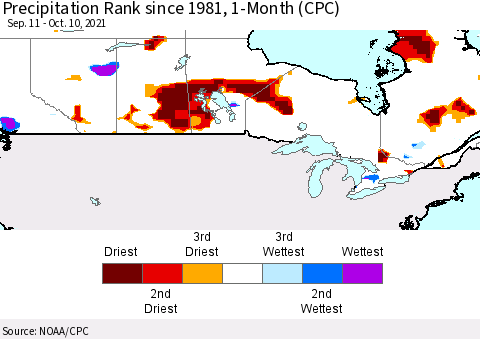 Canada Precipitation Rank since 1981, 1-Month (CPC) Thematic Map For 9/11/2021 - 10/10/2021
