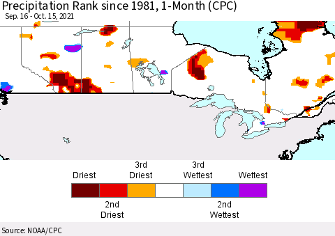 Canada Precipitation Rank since 1981, 1-Month (CPC) Thematic Map For 9/16/2021 - 10/15/2021