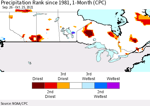 Canada Precipitation Rank since 1981, 1-Month (CPC) Thematic Map For 9/26/2021 - 10/25/2021