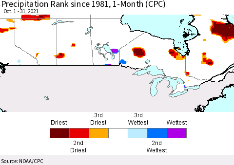 Canada Precipitation Rank since 1981, 1-Month (CPC) Thematic Map For 10/1/2021 - 10/31/2021