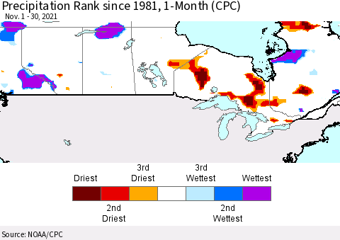 Canada Precipitation Rank since 1981, 1-Month (CPC) Thematic Map For 11/1/2021 - 11/30/2021