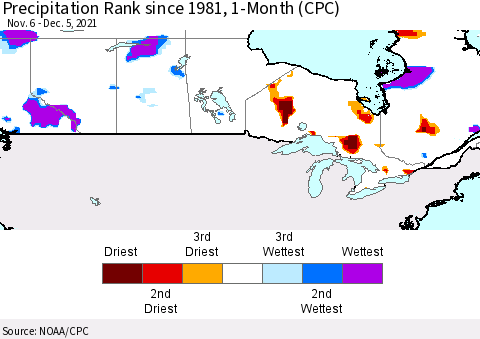 Canada Precipitation Rank since 1981, 1-Month (CPC) Thematic Map For 11/6/2021 - 12/5/2021