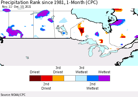 Canada Precipitation Rank since 1981, 1-Month (CPC) Thematic Map For 11/11/2021 - 12/10/2021