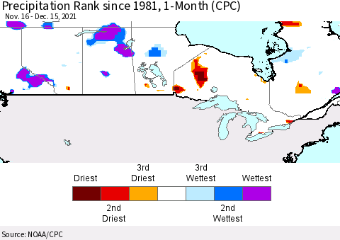 Canada Precipitation Rank since 1981, 1-Month (CPC) Thematic Map For 11/16/2021 - 12/15/2021