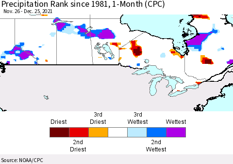 Canada Precipitation Rank since 1981, 1-Month (CPC) Thematic Map For 11/26/2021 - 12/25/2021