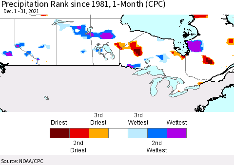 Canada Precipitation Rank since 1981, 1-Month (CPC) Thematic Map For 12/1/2021 - 12/31/2021