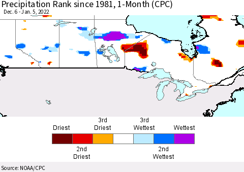 Canada Precipitation Rank since 1981, 1-Month (CPC) Thematic Map For 12/6/2021 - 1/5/2022