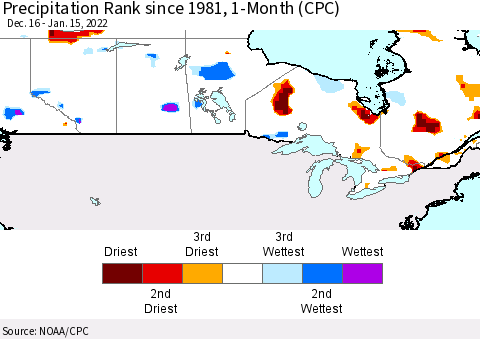 Canada Precipitation Rank since 1981, 1-Month (CPC) Thematic Map For 12/16/2021 - 1/15/2022