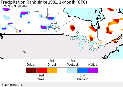 Canada Precipitation Rank since 1981, 1-Month (CPC) Thematic Map For 12/21/2021 - 1/20/2022