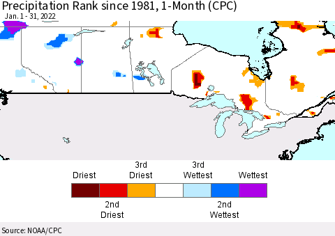 Canada Precipitation Rank since 1981, 1-Month (CPC) Thematic Map For 1/1/2022 - 1/31/2022