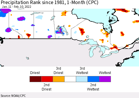 Canada Precipitation Rank since 1981, 1-Month (CPC) Thematic Map For 1/11/2022 - 2/10/2022