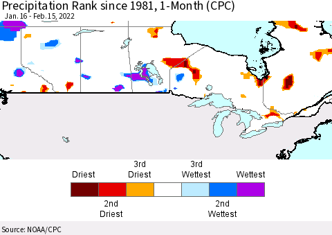 Canada Precipitation Rank since 1981, 1-Month (CPC) Thematic Map For 1/16/2022 - 2/15/2022