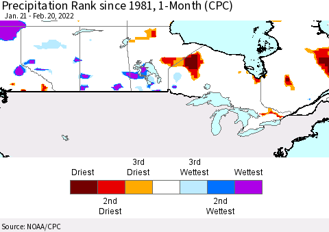 Canada Precipitation Rank since 1981, 1-Month (CPC) Thematic Map For 1/21/2022 - 2/20/2022