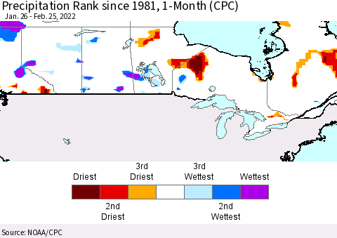 Canada Precipitation Rank since 1981, 1-Month (CPC) Thematic Map For 1/26/2022 - 2/25/2022