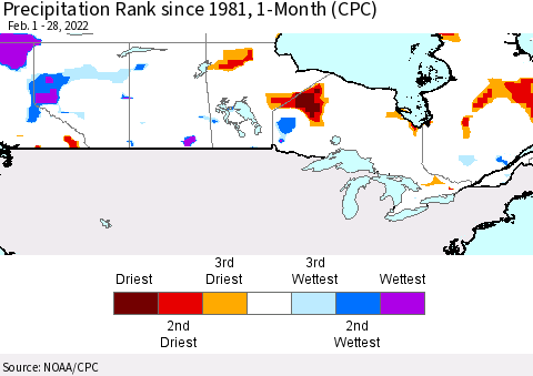 Canada Precipitation Rank since 1981, 1-Month (CPC) Thematic Map For 2/1/2022 - 2/28/2022