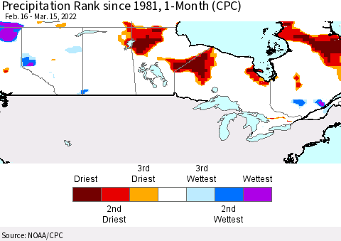 Canada Precipitation Rank since 1981, 1-Month (CPC) Thematic Map For 2/16/2022 - 3/15/2022