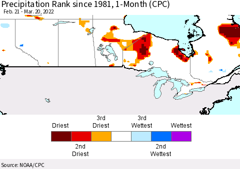 Canada Precipitation Rank since 1981, 1-Month (CPC) Thematic Map For 2/21/2022 - 3/20/2022