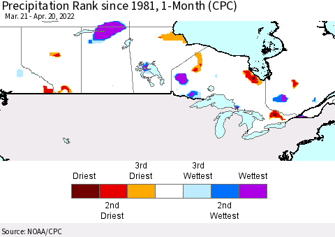 Canada Precipitation Rank since 1981, 1-Month (CPC) Thematic Map For 3/21/2022 - 4/20/2022