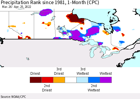 Canada Precipitation Rank since 1981, 1-Month (CPC) Thematic Map For 3/26/2022 - 4/25/2022