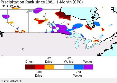 Canada Precipitation Rank since 1981, 1-Month (CPC) Thematic Map For 4/1/2022 - 4/30/2022