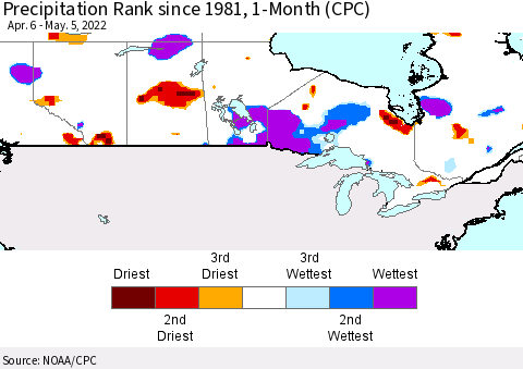 Canada Precipitation Rank since 1981, 1-Month (CPC) Thematic Map For 4/6/2022 - 5/5/2022