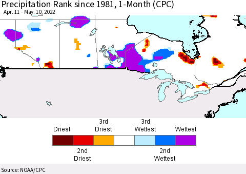 Canada Precipitation Rank since 1981, 1-Month (CPC) Thematic Map For 4/11/2022 - 5/10/2022
