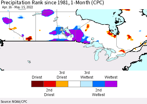 Canada Precipitation Rank since 1981, 1-Month (CPC) Thematic Map For 4/16/2022 - 5/15/2022