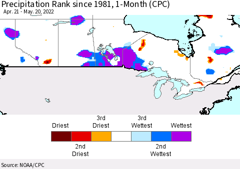 Canada Precipitation Rank since 1981, 1-Month (CPC) Thematic Map For 4/21/2022 - 5/20/2022