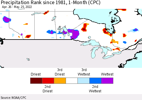 Canada Precipitation Rank since 1981, 1-Month (CPC) Thematic Map For 4/26/2022 - 5/25/2022