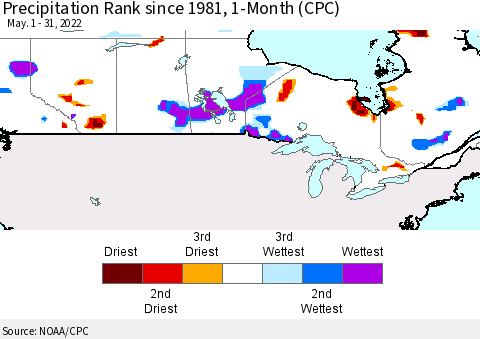 Canada Precipitation Rank since 1981, 1-Month (CPC) Thematic Map For 5/1/2022 - 5/31/2022