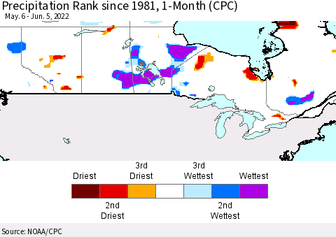 Canada Precipitation Rank since 1981, 1-Month (CPC) Thematic Map For 5/6/2022 - 6/5/2022