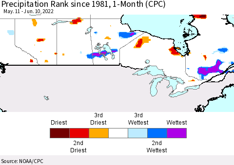 Canada Precipitation Rank since 1981, 1-Month (CPC) Thematic Map For 5/11/2022 - 6/10/2022