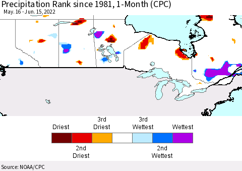 Canada Precipitation Rank since 1981, 1-Month (CPC) Thematic Map For 5/16/2022 - 6/15/2022