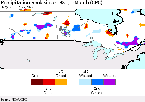 Canada Precipitation Rank since 1981, 1-Month (CPC) Thematic Map For 5/26/2022 - 6/25/2022