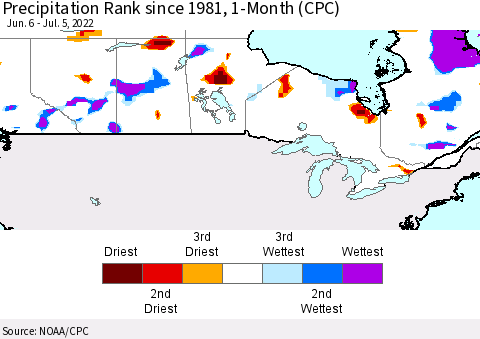 Canada Precipitation Rank since 1981, 1-Month (CPC) Thematic Map For 6/6/2022 - 7/5/2022