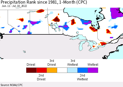 Canada Precipitation Rank since 1981, 1-Month (CPC) Thematic Map For 6/11/2022 - 7/10/2022