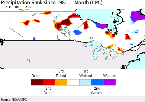Canada Precipitation Rank since 1981, 1-Month (CPC) Thematic Map For 6/16/2022 - 7/15/2022