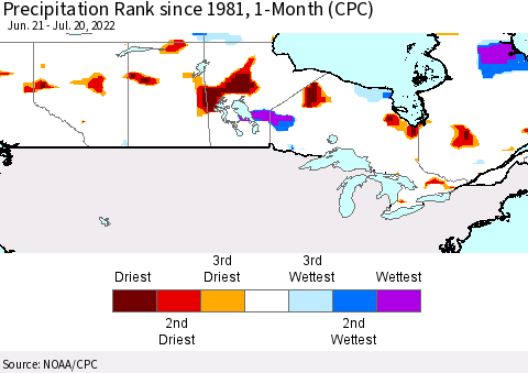 Canada Precipitation Rank since 1981, 1-Month (CPC) Thematic Map For 6/21/2022 - 7/20/2022