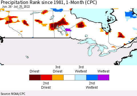 Canada Precipitation Rank since 1981, 1-Month (CPC) Thematic Map For 6/26/2022 - 7/25/2022