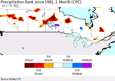 Canada Precipitation Rank since 1981, 1-Month (CPC) Thematic Map For 7/1/2022 - 7/31/2022